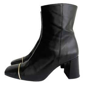 Ana Palma Black Leather Square Toe Gold Trim Block Heel Ankle Boot Spain Size 40